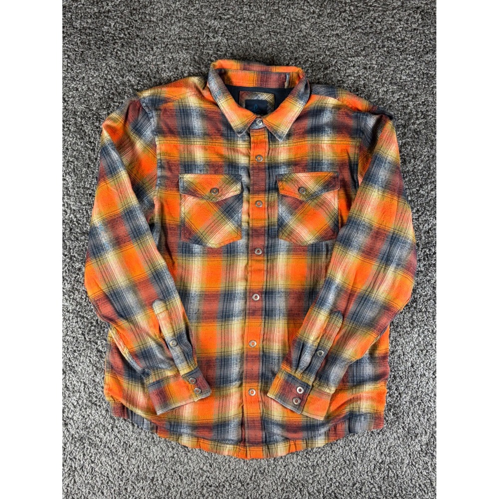 Prana Mens L Plaid Flannel Shacket Thermal Lined Orange Navy Blue Button Up